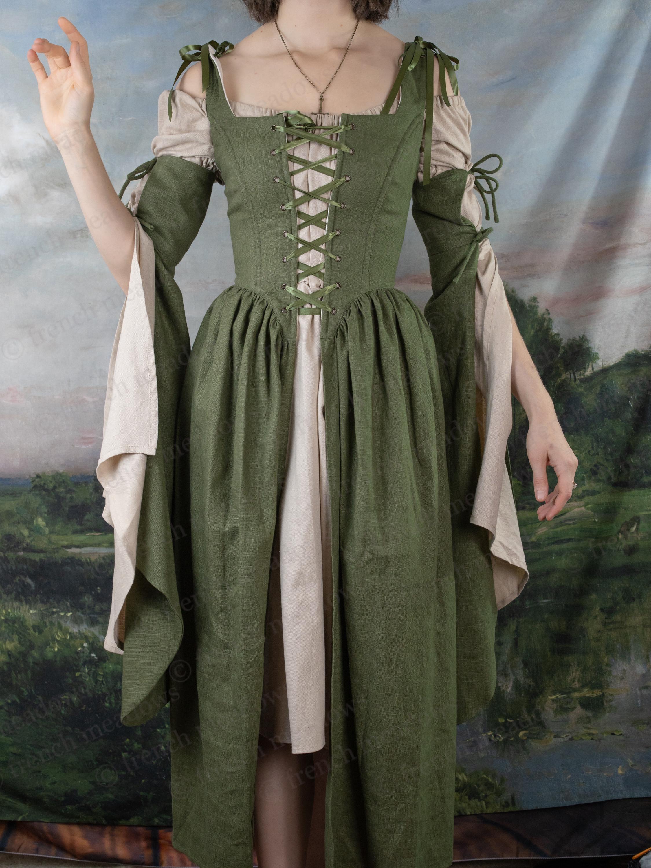 Ivy Green Linen Corset Dress | Renaissance Bodice Stays With Skirt