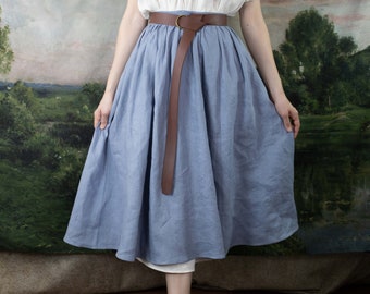 Regency Blue Linen Midi Skirt | Light Blue Linen Renaissance Faire A-Line Gathered Costume Hobbit CottageCore Plus Size Pockets Alice Elsa