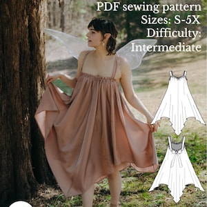 Może przedstawiać: Sukienka w kolorze przybrudzonego różu z cienkimi ramiączkami, marszczonym dekoltem i asymetrycznym dołem. Obraz zawiera tekst Flutter Fairy Dress, PDF sewing pattern, Sizes: S-5X, Difficulty: Intermediate oraz dwa rysunki techniczne.