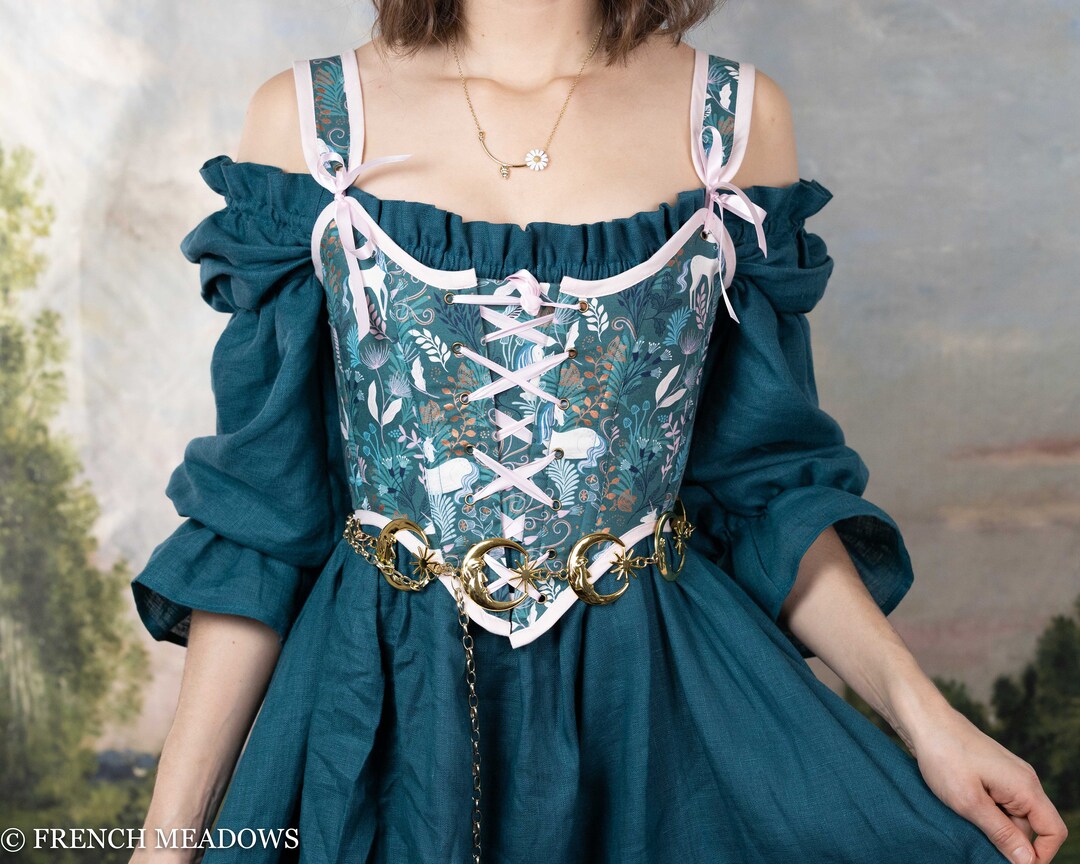 Renaissance Corset Bodice in Teal Blue With Unicorns Cottagecore Stays ...