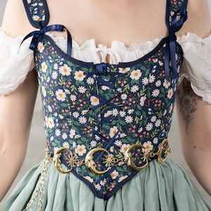 Handmade Renaissance Corset Bodice Stays in Blue Floral with Snakes | Corset Top Overbust CottageCore GoblinCore Corset Top Vintage