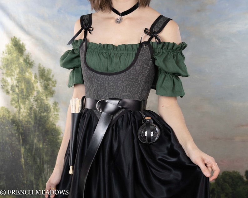 Potion Bottle Holder shown with renaissance costume, attached to belt alongside decorative corset and dress