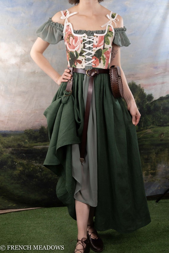 Renaissance Corset Dress Pink Floral and Green Linen Hobbit Dress
