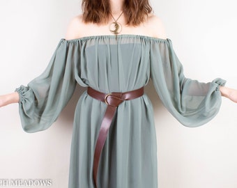 READY TO SHIP Sage Green Chiffon Sheer Renaissance Dress | Long Sleeve Chemise Pirate Bishop Sleeve Off Shoulder CottageCore Princess Fairy