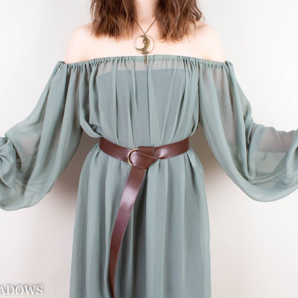 READY TO SHIP Sage Green Chiffon Sheer Renaissance Dress | Long Sleeve Chemise Pirate Bishop Sleeve Off Shoulder CottageCore Princess Fairy