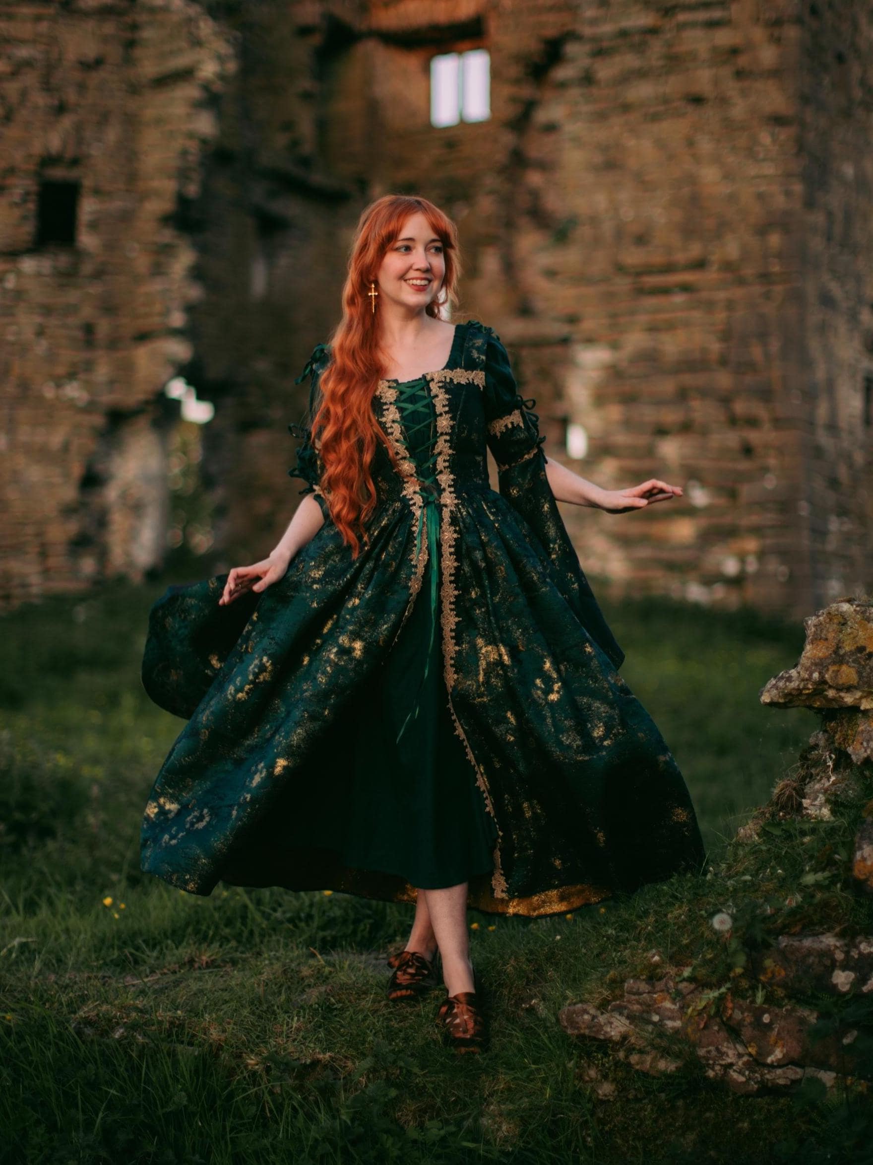 Dark Green Jacquard Corset Dress: Renaissance Fairy Gown