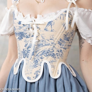 Renaissance Corset | 18th Century Stays in Blue and Ivory Toile | Renaissance Bodice CottageCore Hobbit Fairy Princess Rococo Corset Top