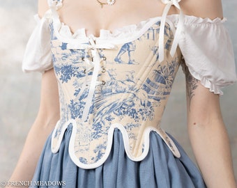 READY TO SHIP Renaissance Corset | 18th Century Stays in Blue and Ivory Toile | Renaissance Bodice CottageCore Princess Rococo Corset Top