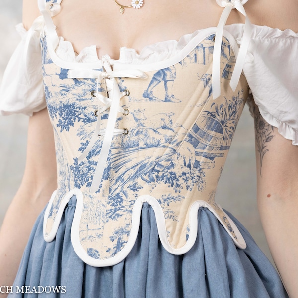 READY TO SHIP Renaissance Corset | 18th Century Stays in Blue and Ivory Toile | Renaissance Bodice CottageCore Princess Rococo Corset Top