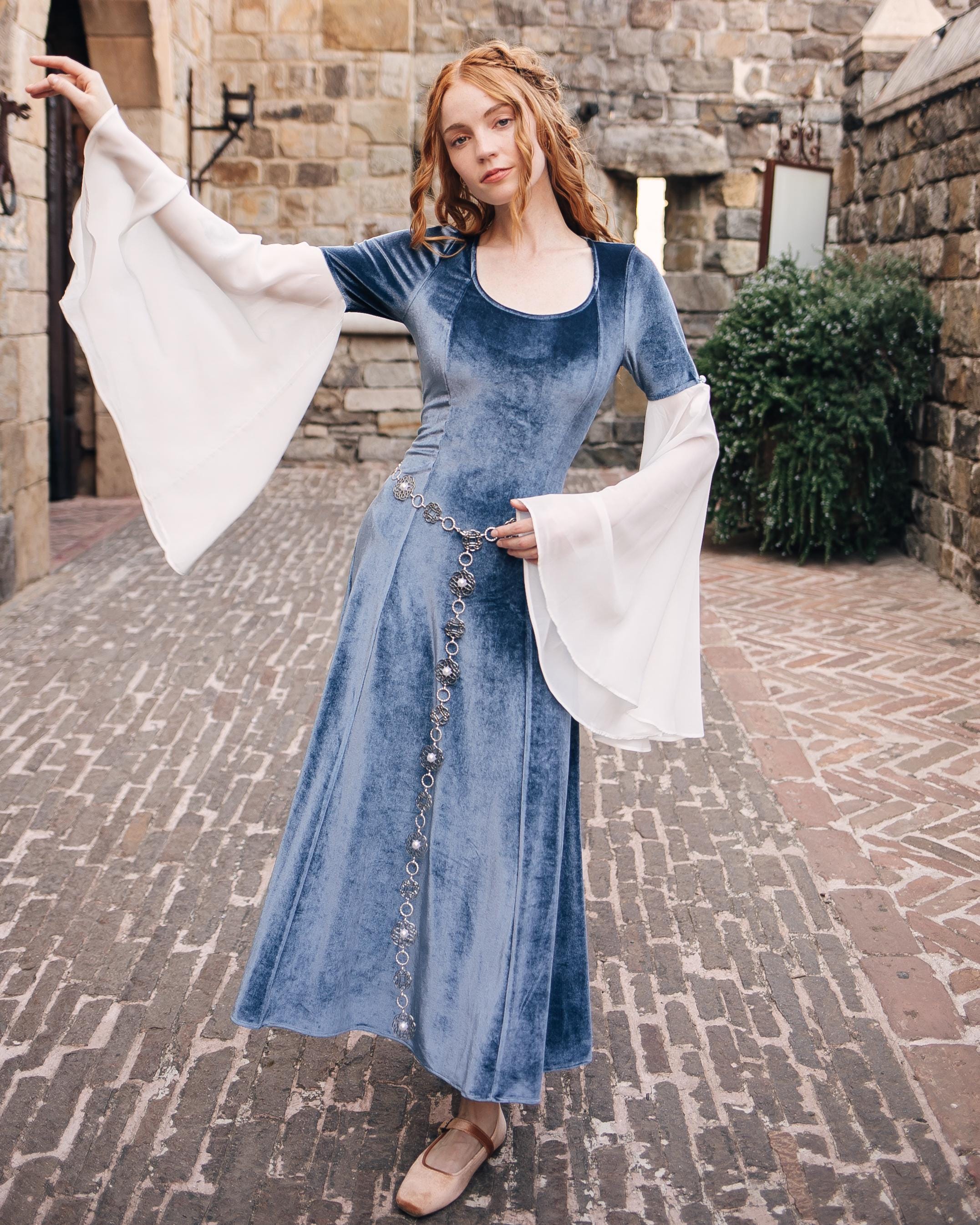 blue and white bell sleeve dress GUNNE SAX for ModCloth Michella Bell Sleeve Boho Maxi Dress