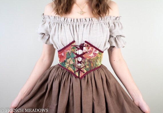 Corset Belt Renaissance Belt in Dark Red Floral Tapestry Underbust Corset  Waist Cincher Lace up Belt Vintage Belt Cottage Core Goblin Core -   Denmark