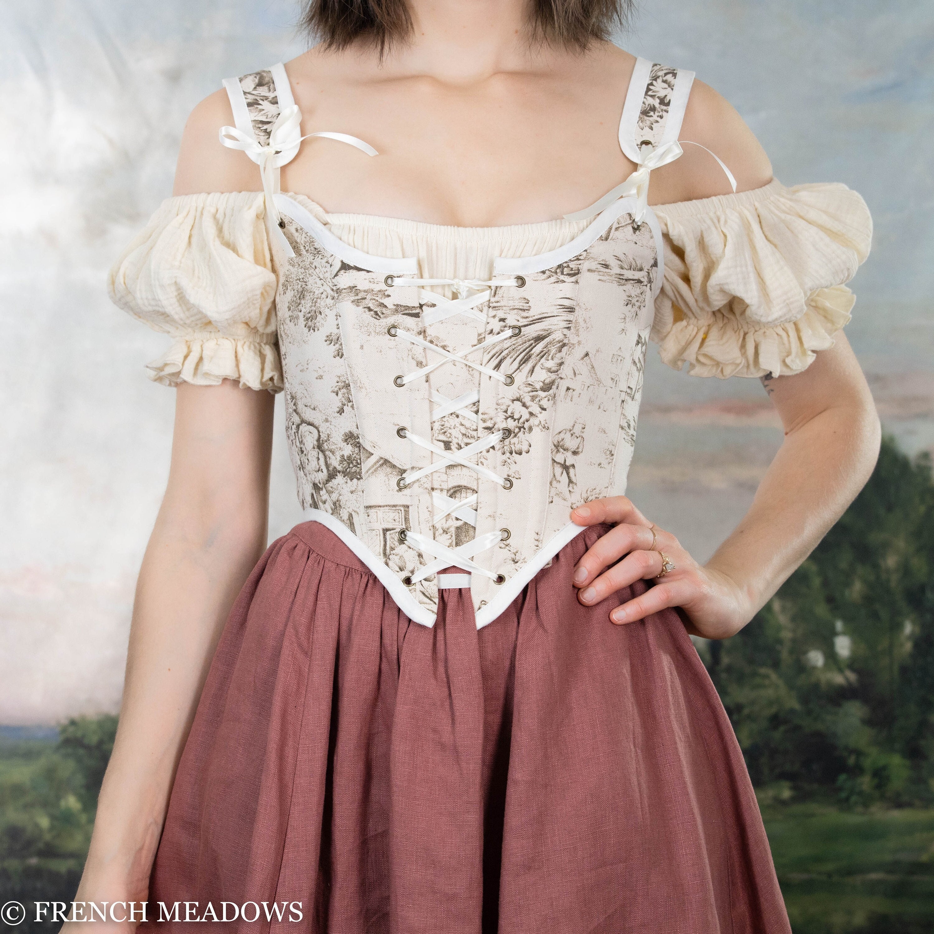 Renaissance Corset Bodice Stays in Ivory Brown Toile Du Jouy Corset Top  Cottage Core French Light Academia With Straps Bustier Costume 