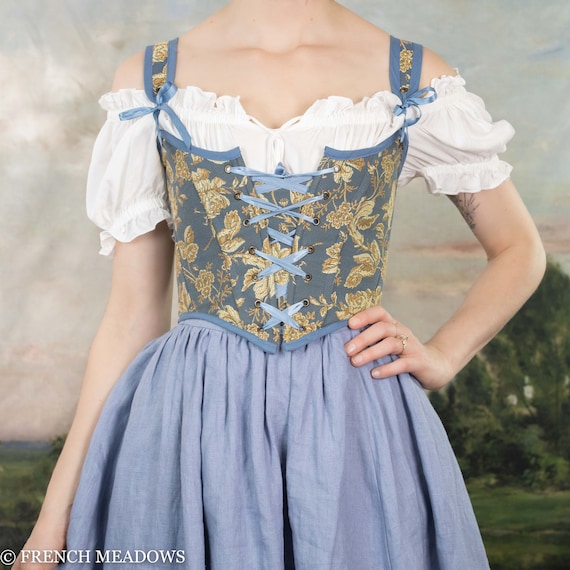 Renaissance Corset Bodice Stays in Blue and Gold Floral Teal
