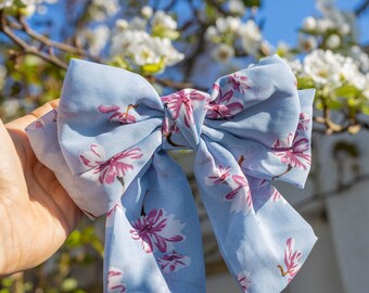 Light Blue Floral Chiffon Large Hair Bow with Flowers | French Barrette Oversized Double Layered Hair Clip Bow Women Cottage Core Accessory