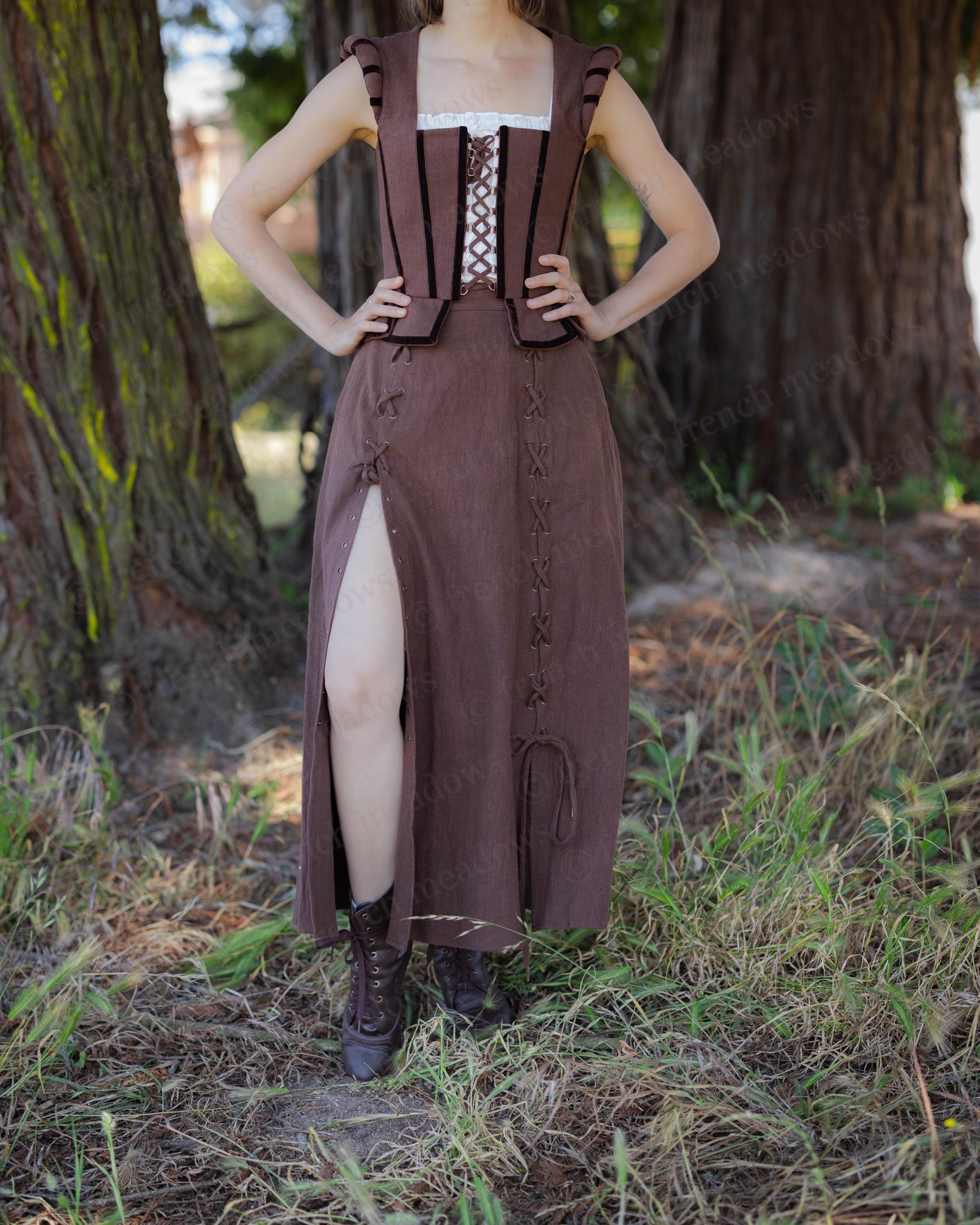 Rustic Brown Tavern Skirt | Viking Costume Medieval Renaissance Norse Freya Cosplay Larp Cotton Slit Witch Sorceress Wizard Maxi Lace Up