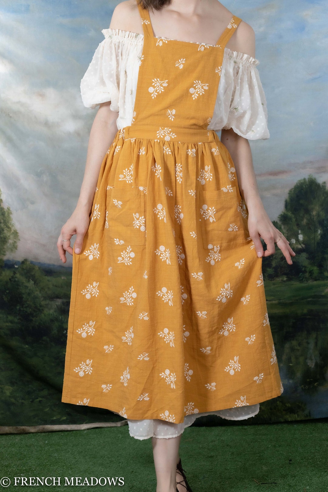 Yellow Cotton Apron Dress Floral Apron Pinafore Style Dress Etsy