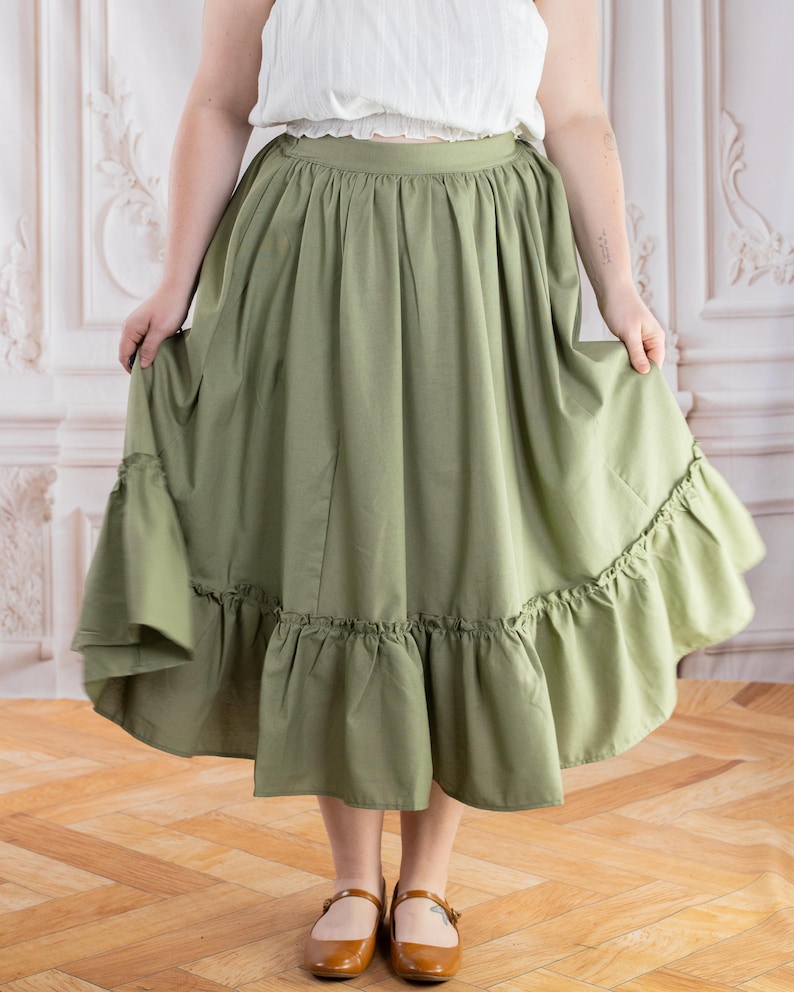 Sage Linen Midi Skirt: Ruffle Hem, Cottagecore Renaissance Costume image 7