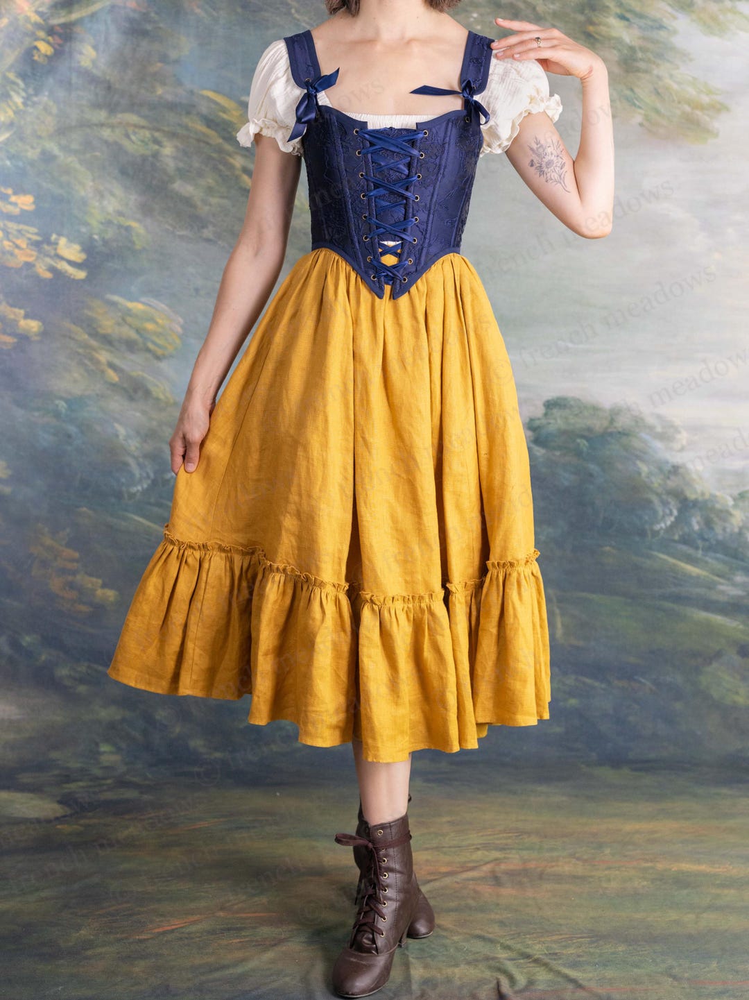 Yellow Linen Midi Skirt: Renaissance Faire Costume, Cottagecore Style