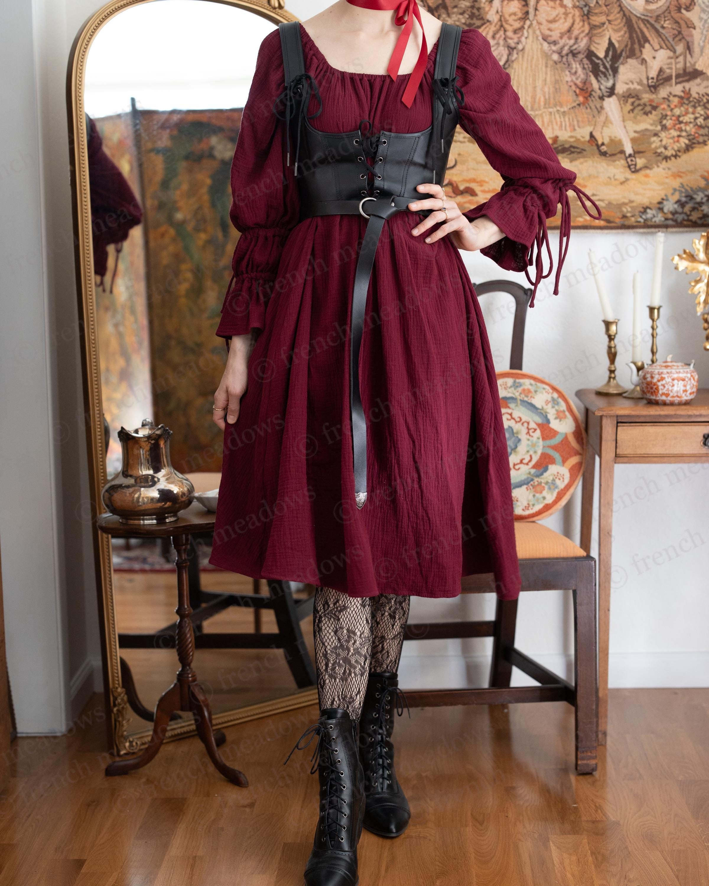 Dark Red Cotton Puff Sleeve Renaissance Dress | Chemise Pirate Blouse Off the Shoulder Witch Vampire Ethereal Gothic Dark Fae Plus Size
