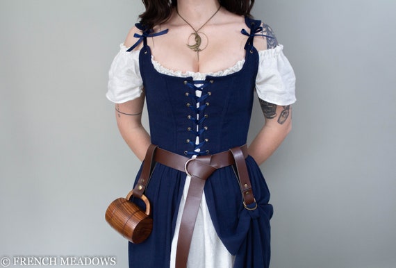 Renaissance Corset Dress in Dark Navy Blue Linen Victorian