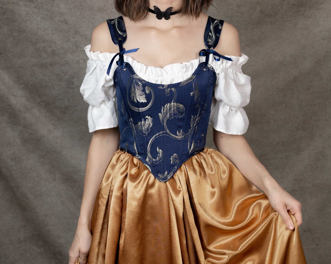 READY TO SHIP Renaissance Corset Bodice in Blue and Gold Jacquard Snow White Costume Stays
