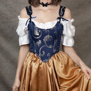 Handmade Renaissance Corset Bodice in Blue and Gold Jacquard | Snow White Costume Stays Elizabethan Overbust Medieval Corset Top Navy