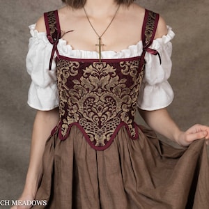 Elizabethan Tudor Renaissance Corset Stays in Burgundy Chenille Brocade | Corset Top Renaissance Costume Witch Waist Tabs Dark Red Maroon