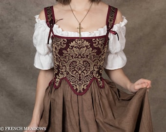 READY TO SHIP Elizabethan Tudor Renaissance Corset Stays in Burgundy Chenille Brocade | Corset Top Renaissance Costume Dark Red Maroon