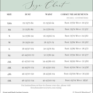 May include: A size chart for corsets, with bust and waist measurements in inches and centimeters. Sizes range from XXS to 5XL, with corresponding bust measurements from 29 inches to 53 inches and waist measurements from 22 inches to 47 inches.