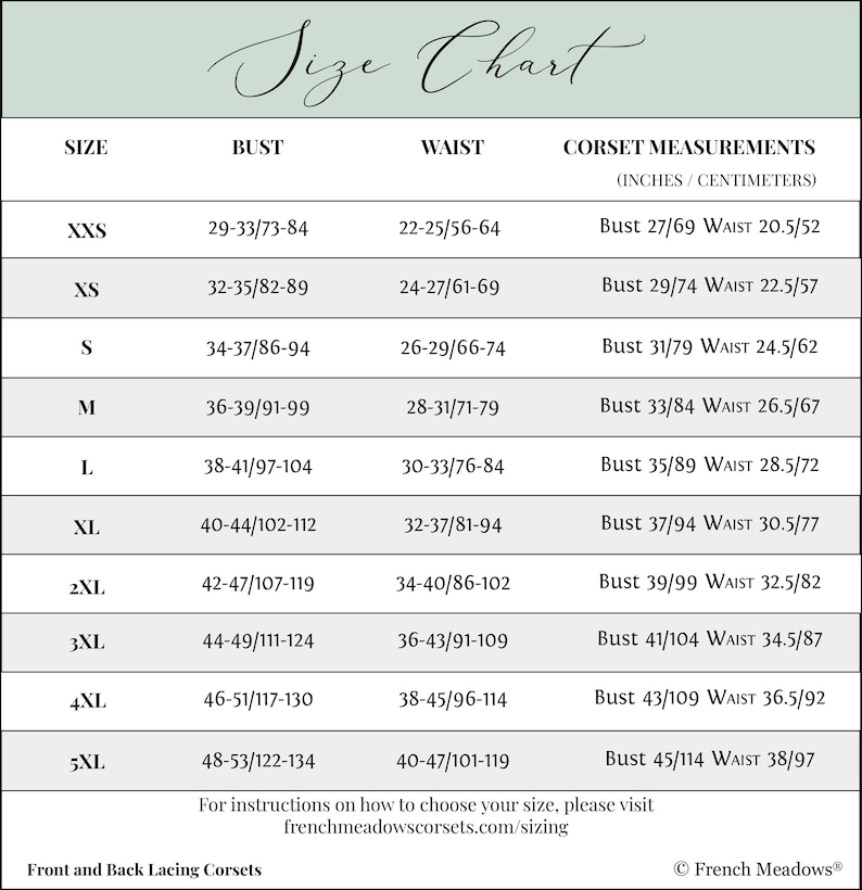 May include: A size chart for corsets, with bust and waist measurements in inches and centimeters. Sizes range from XXS to 5XL, with corresponding bust measurements from 29 inches to 53 inches and waist measurements from 22 inches to 47 inches.