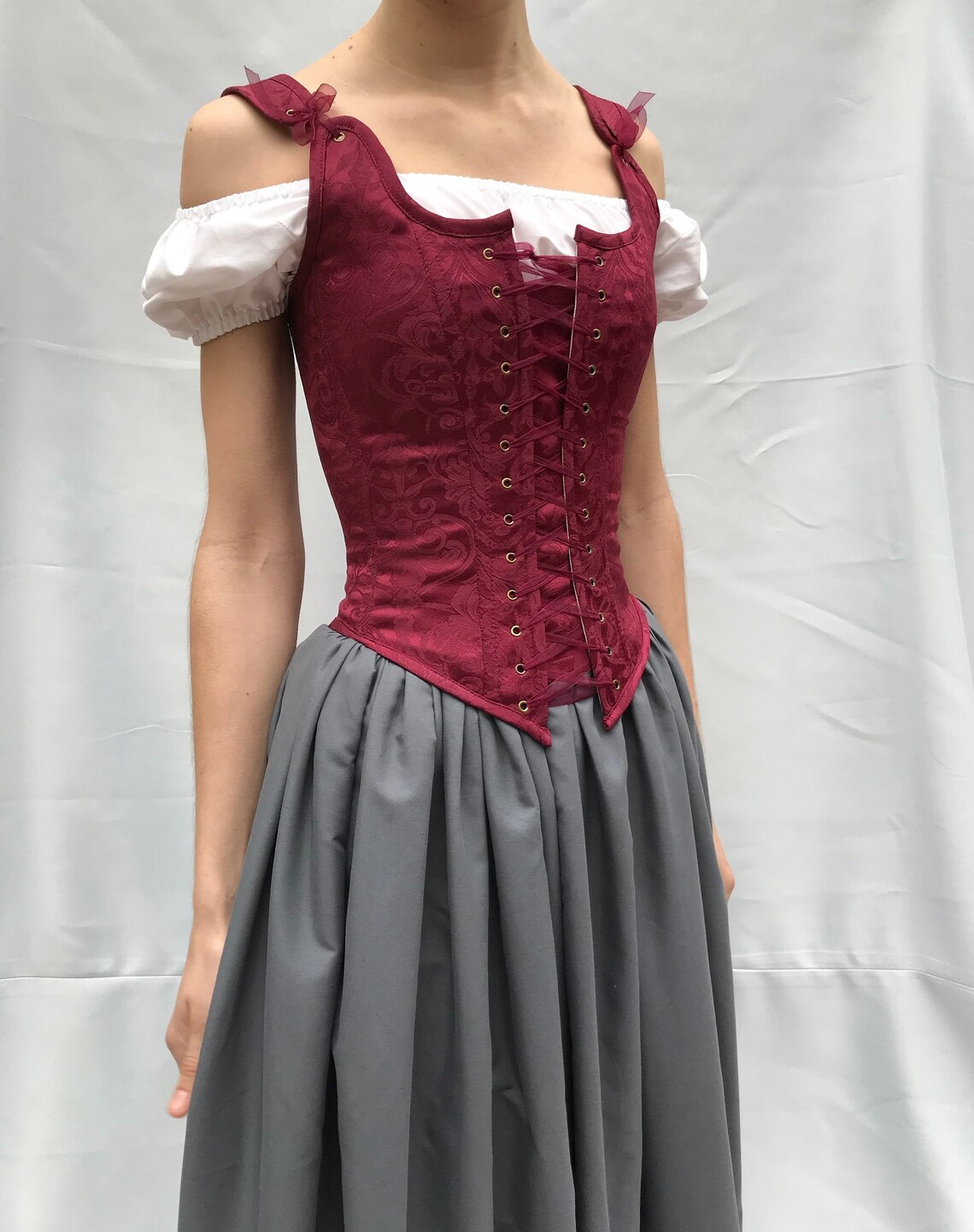Peasant Bodice Renaissance Corset In Red Wine With Straps Etsy