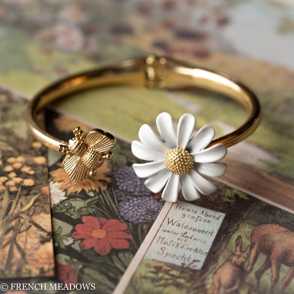 Dainty Daisy Bracelet | Flower Bracelet Gift for Friend Bee Lover Daisies and Bees Adjustable Gold Arm Cuff Jewelry Whimsical CottageCore