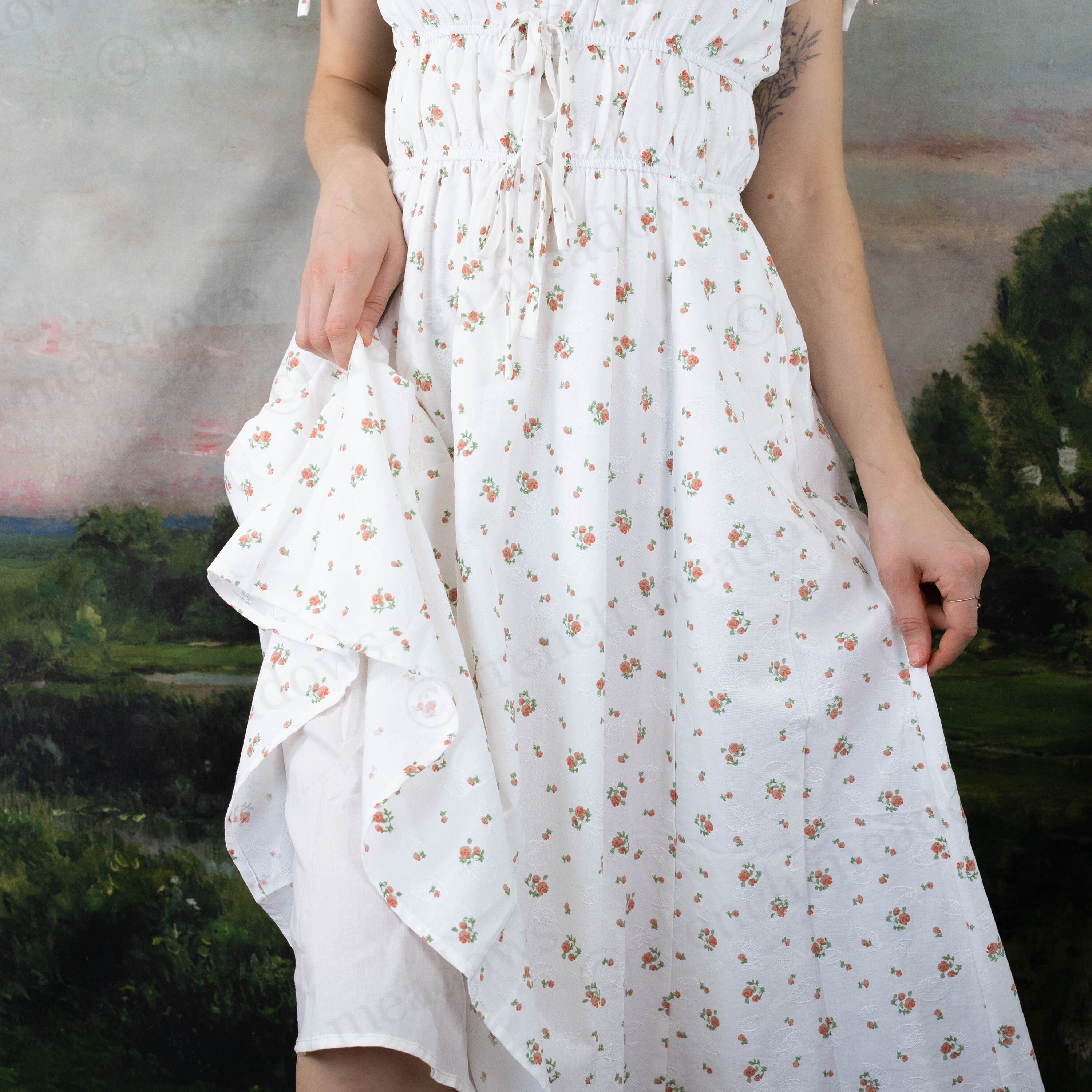 Ditsy Floral White Cotton Milkmaid Dress Renaissance Chemise Short Sleeve Ruffle Roses Off Shoulder CottageCore Peasant Midi Cute Summer