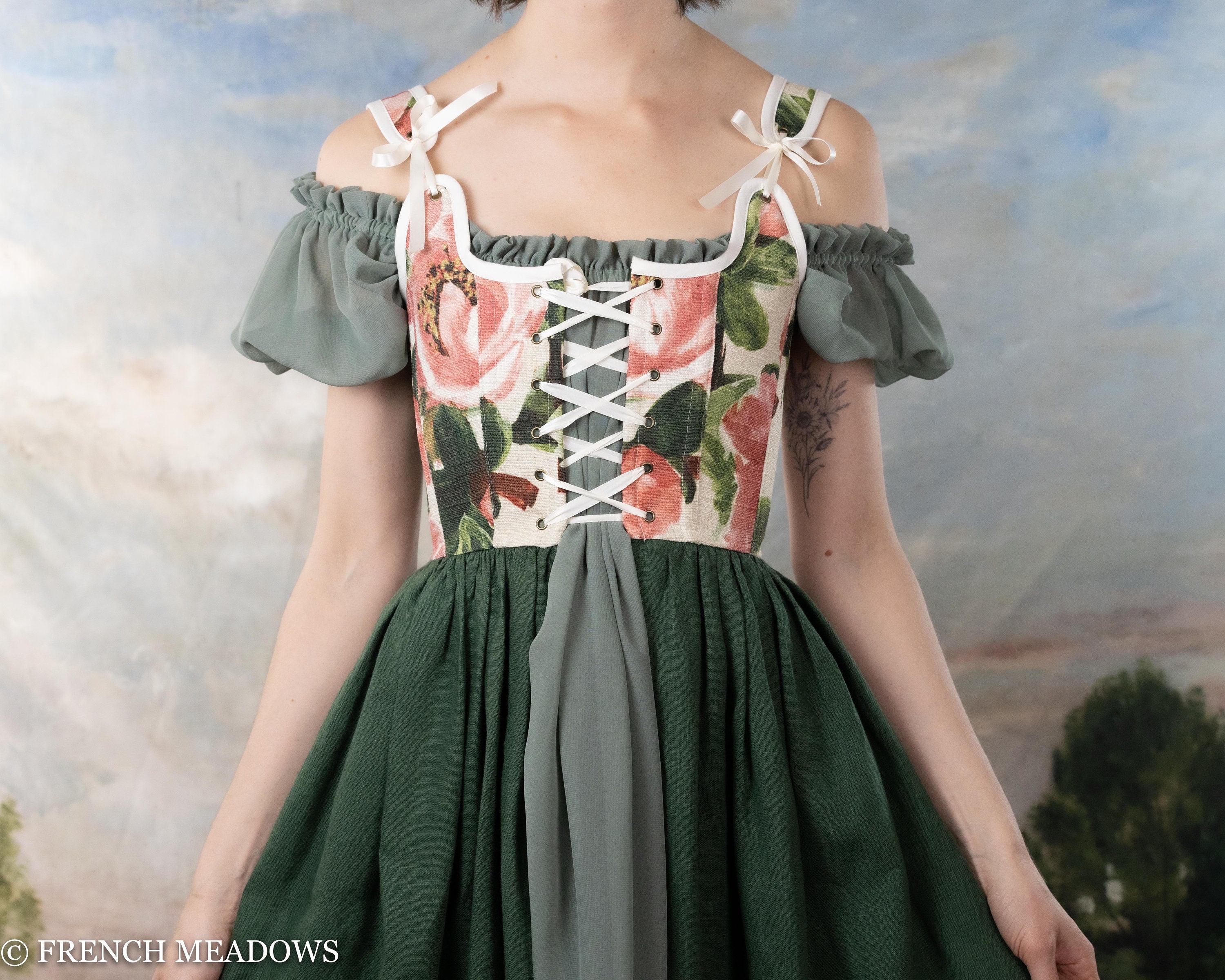 Renaissance Corset Dress Pink Floral and Green Linen Hobbit Dress