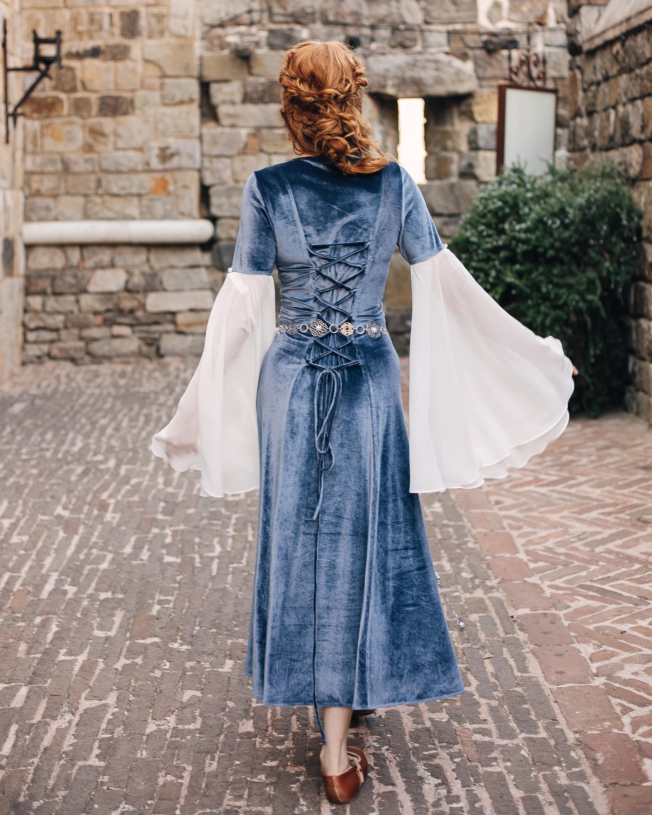 Elven Blue Velvet Bell Sleeve Chemise | Renaissance Faire Costume Dress