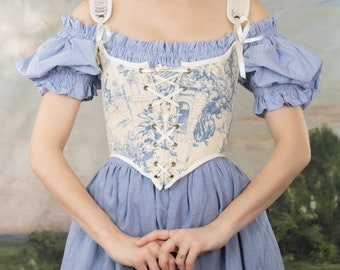 Renaissance Corset Bodice Stays in Blue and White Toile du Jouy | Corset Top Cottage Core French Pastoral Elizabethan Princess Fairy 17th C