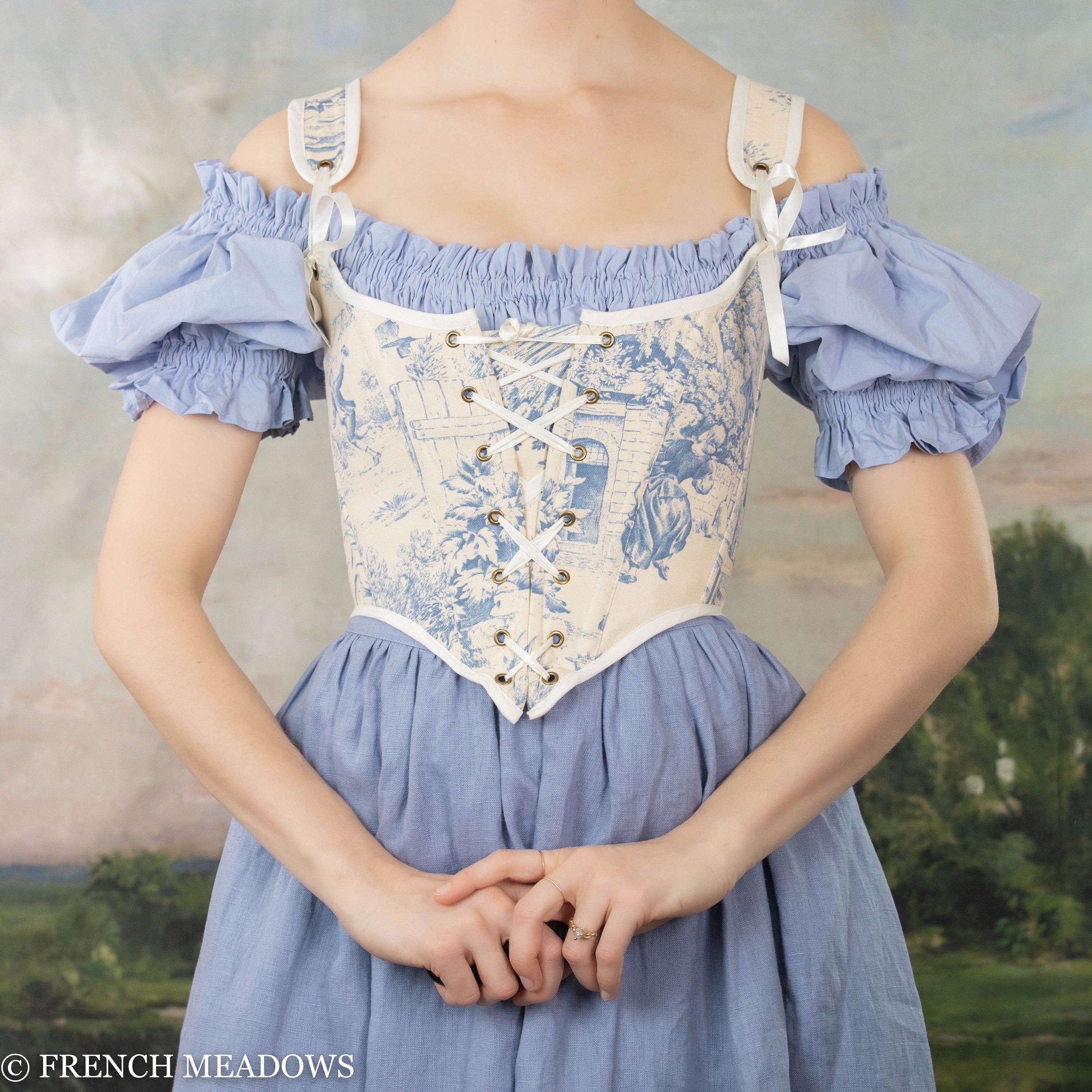 Renaissance Corset Bodice Stays in Blue and White Toile Du Jouy