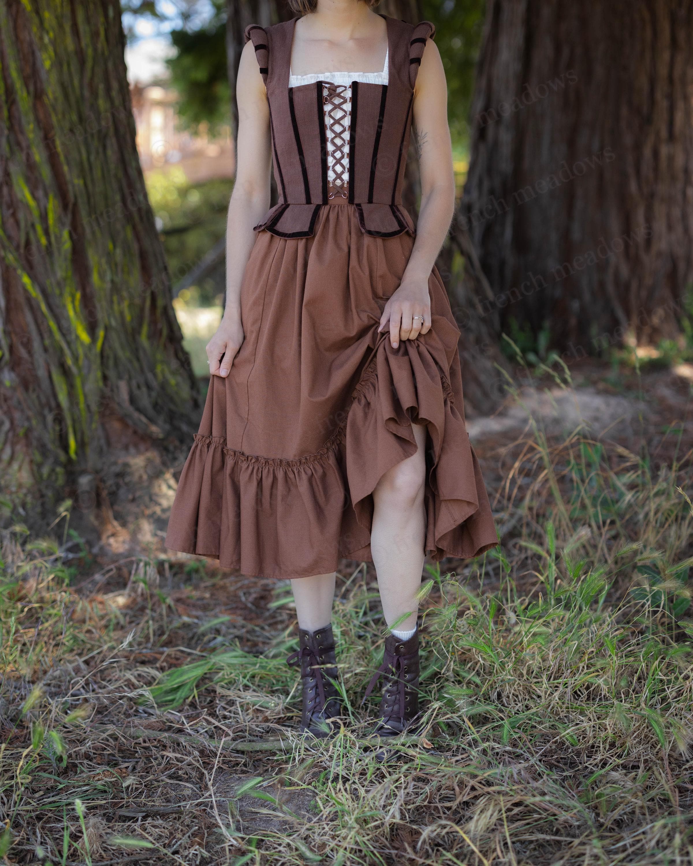 Cocoa Brown Linen Midi Skirt: Renaissance Faire Costume With