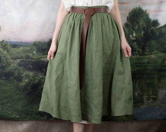 Ivy Green Linen Midi Skirt | Sage Olive Green Linen Renaissance Faire A-Line Gathered Costume Hobbit CottageCore Plus Size Pockets