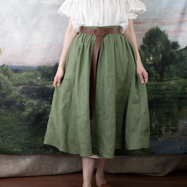 Ivy Green Linen Midi Skirt | Sage Olive Green Linen Renaissance Faire A-Line Gathered Costume Hobbit CottageCore Plus Size Pockets