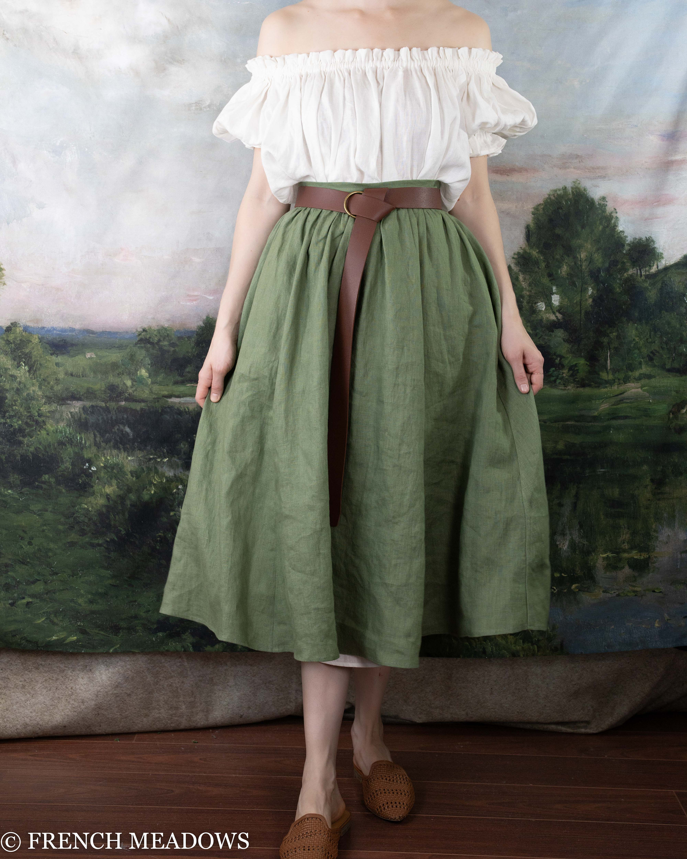 Linen Puffy Blouson Sleeve Ruffle Dress, Olive Green Victorian Linen Dress,  Oversize Cottagecore Aesthetics Dress, Vintage Girdle Dress 