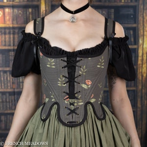 Handmade Renaissance Corset | 18th Century Stays in Black Rosey Floral Bodice Black Corset Top Floral Vintage CottageCore Outlander