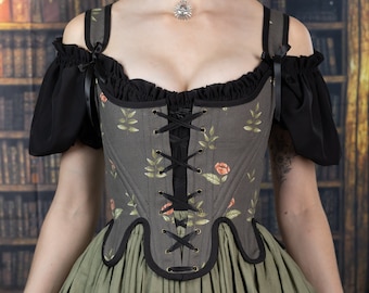 Renaissance Corset | 18th Century Stays in Black Rosey Floral | Renaissance Bodice Black Corset Top Floral Vintage CottageCore Outlander