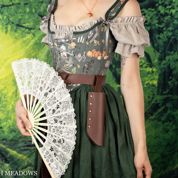 Fan Holster for Renaissance Faire, Medieval, Viking, LARP, Cosplay Costumes | Lace Fan with Holster Fan Holder Vegan Leather