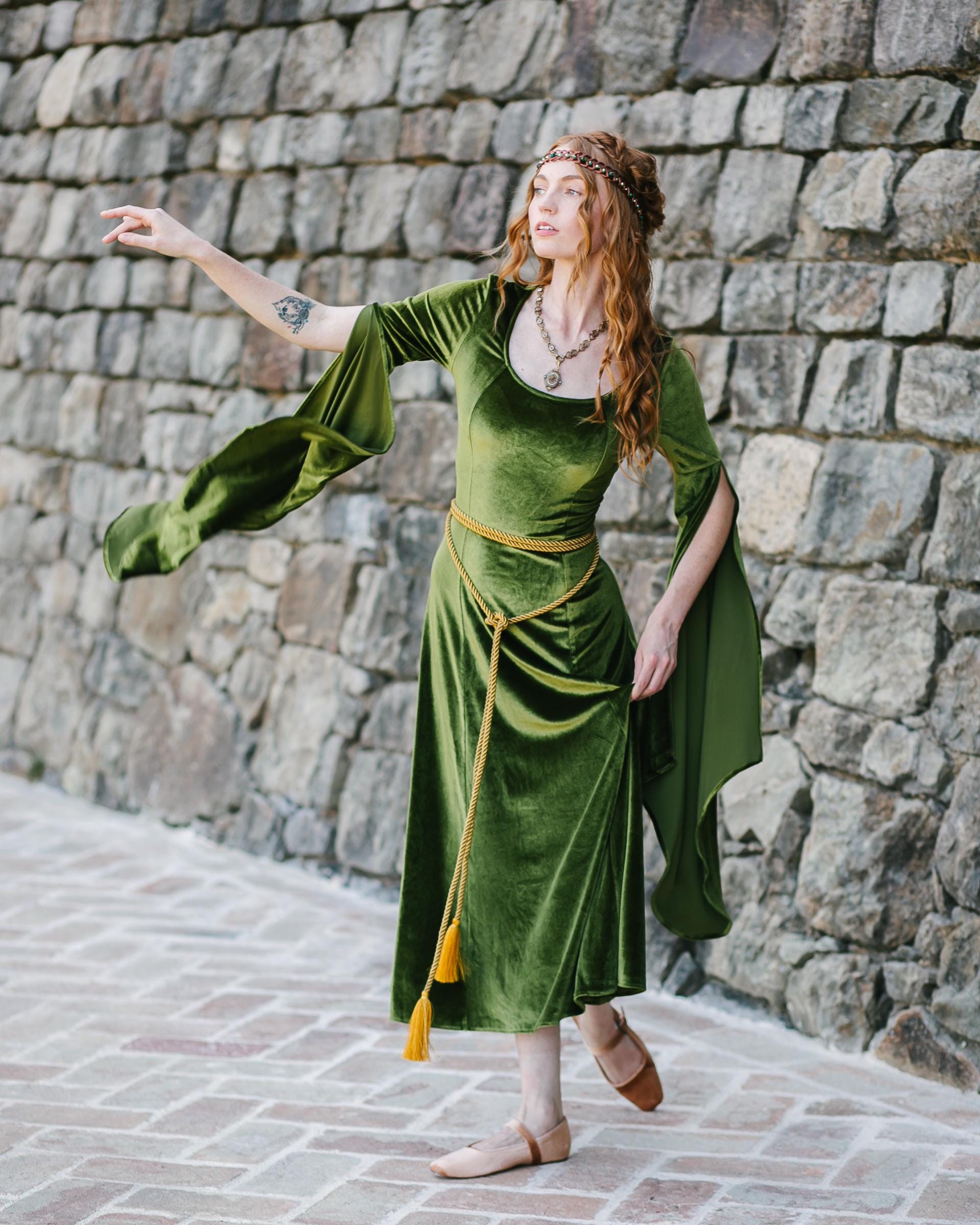 Chartreuse Velvet Bell Sleeve Chemise | Green Renaissance Faire