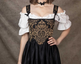 Elizabethan Tudor Corset Stays with Tabbed Waist in Black and Gold Jacquard  MADE TO MEASURE