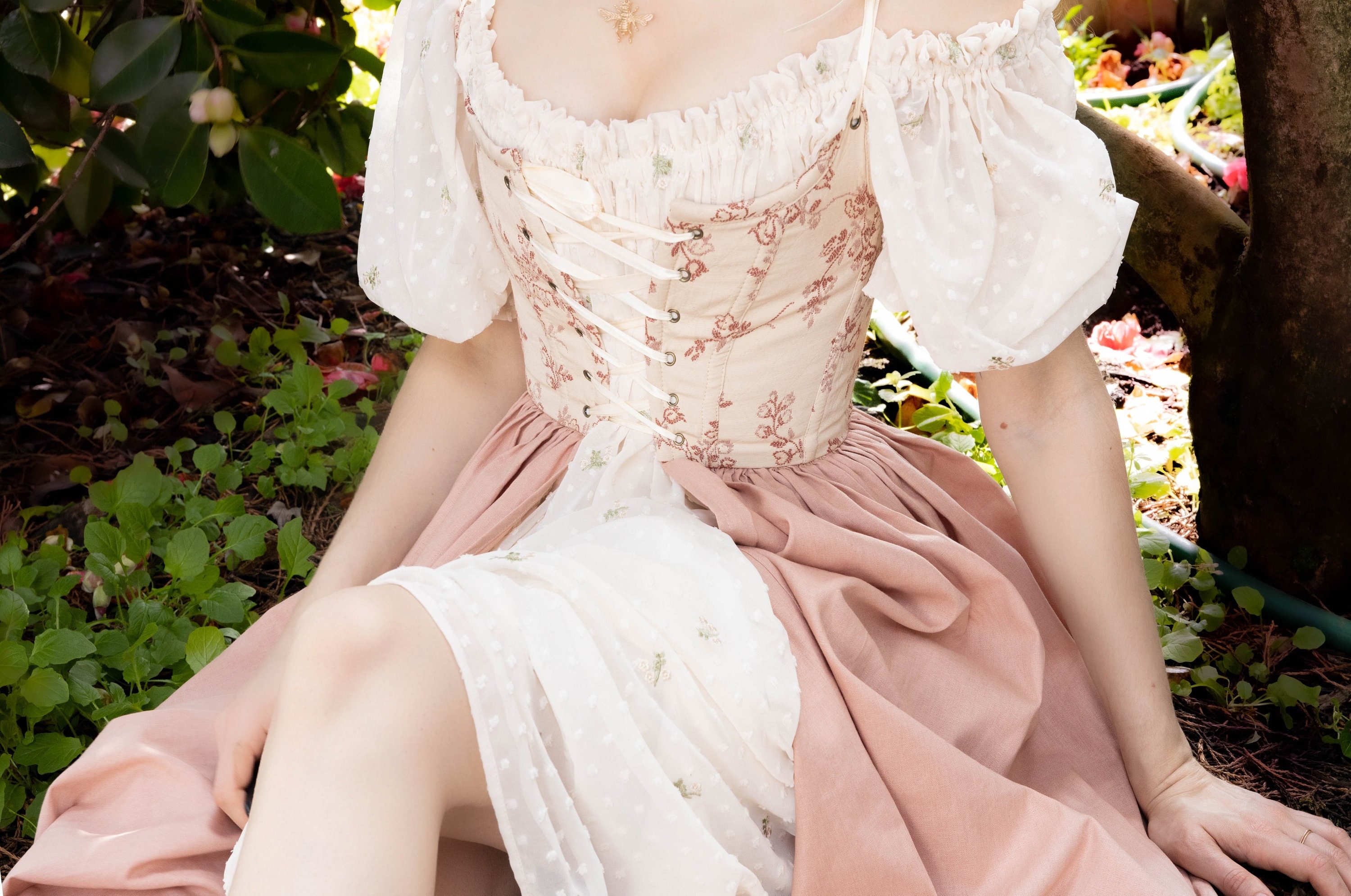 Renaissance Corset Dress Rosey Ivory Floral Corset With Blush Pink Skirt  Hobbit Dress Elizabethan Renaissance Dress Cottage Core Victorian 
