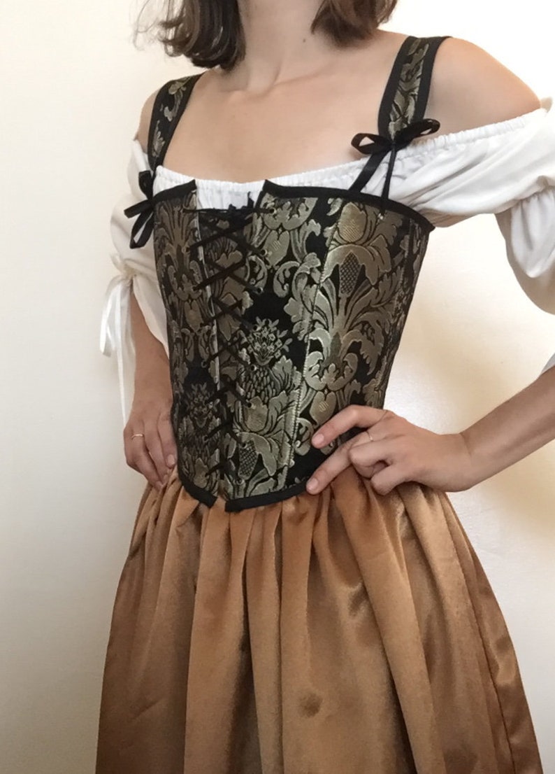 Renaissance Corset Peasant Bodice Floral Black and Gold | Etsy