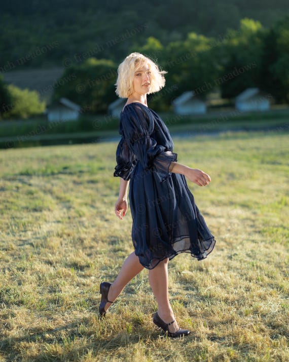 Navy Blue Chiffon Chemise | Sheer Renaissance Faire Dress S