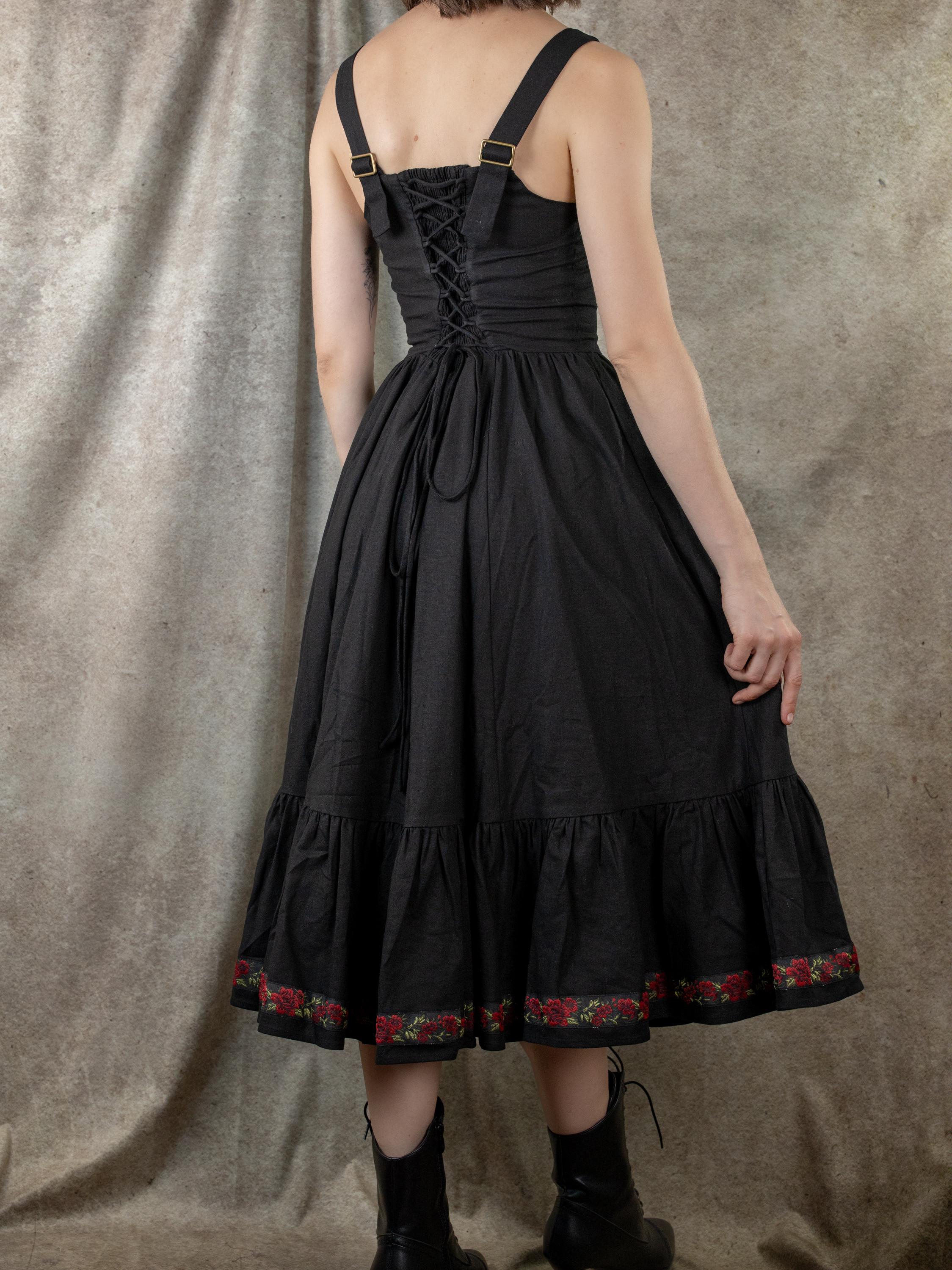 Black Ribbon Corset Dress | Dirndl Linen Square Neck Traditional